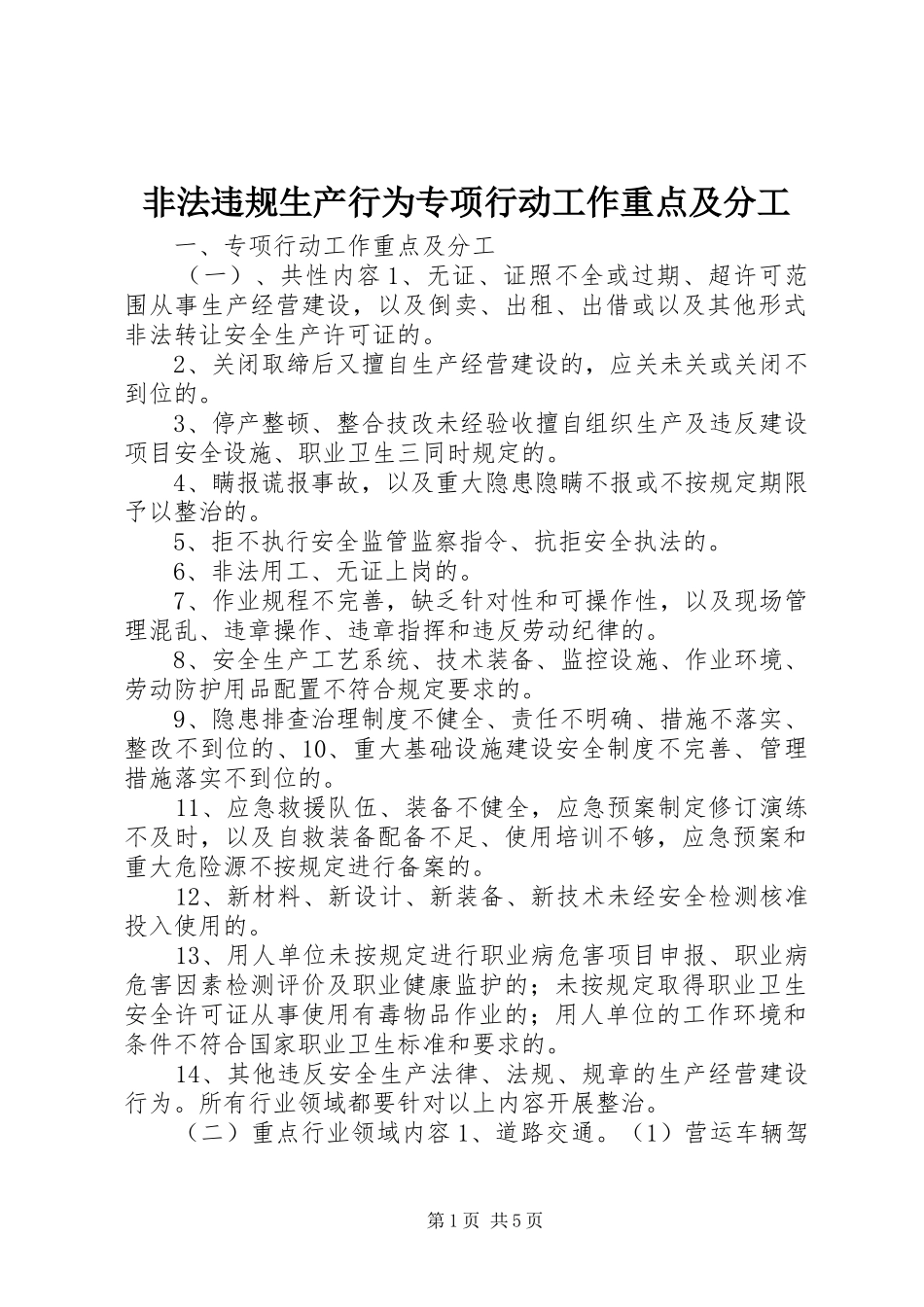 2024年非法违规生产行为专项行动工作重点及分工_第1页