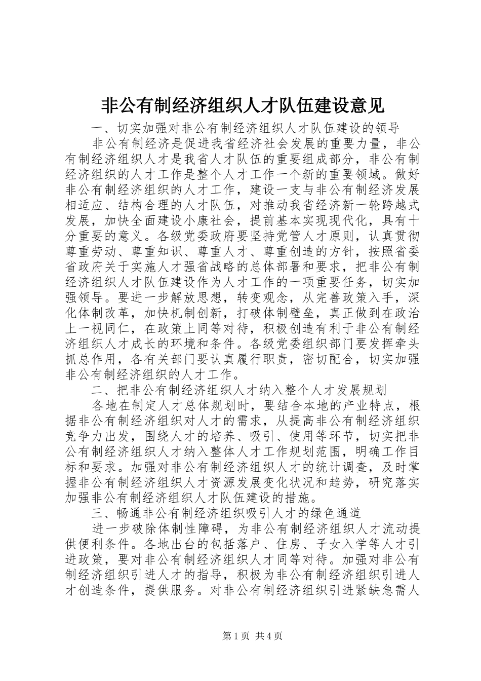 2024年非公有制经济组织人才队伍建设意见_第1页