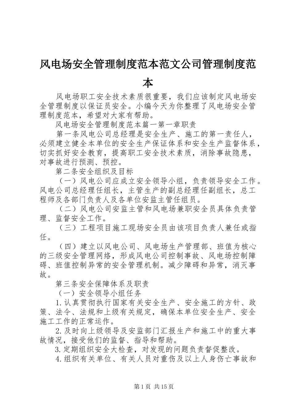 2024年风电场安全管理制度范本范文公司管理制度范本_第1页
