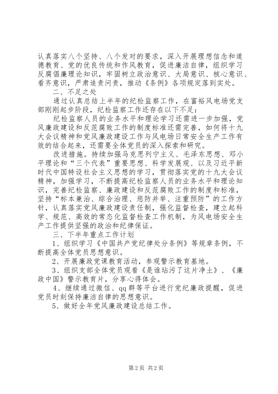 2024年风电场党支部纪检监察工作总结_第2页