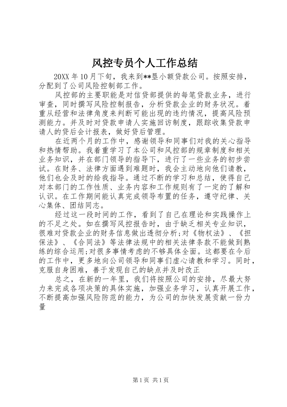 2024年风控专员个人工作总结_第1页