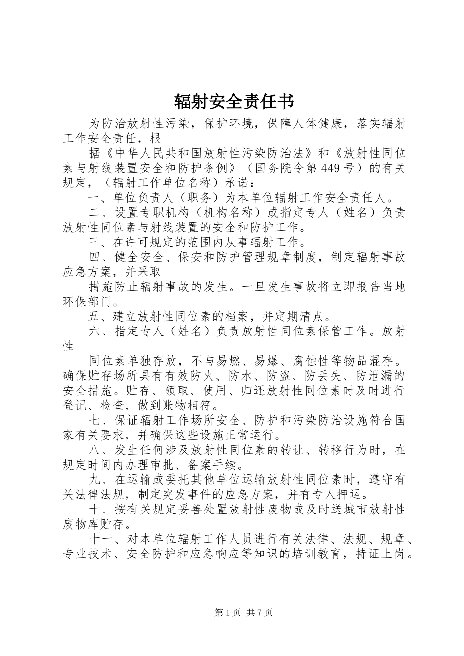 2024年辐射安全责任书_第1页