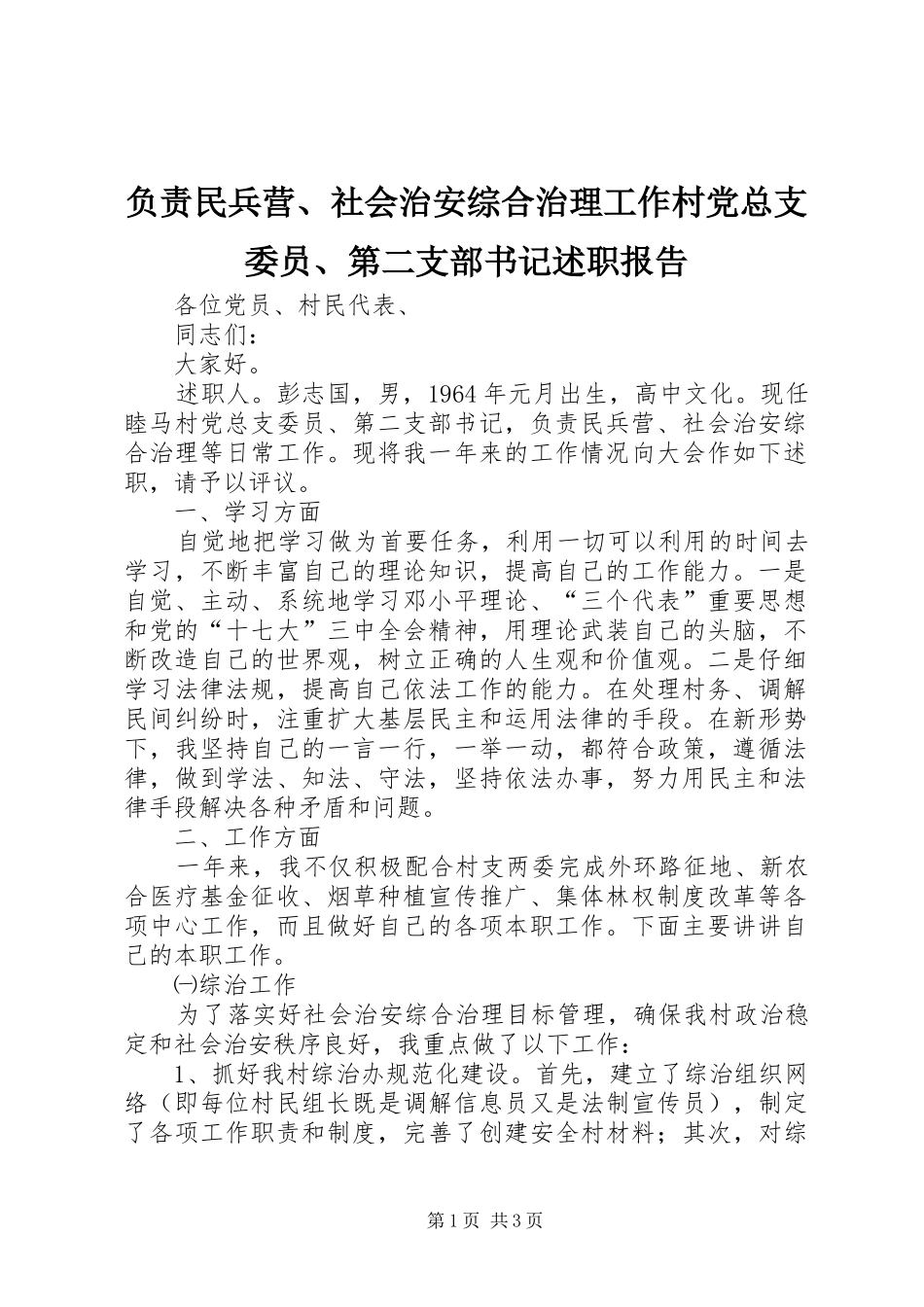 2024年负责民兵营社会治安综合治理工作村党总支委员第二支部书记述职报告_第1页