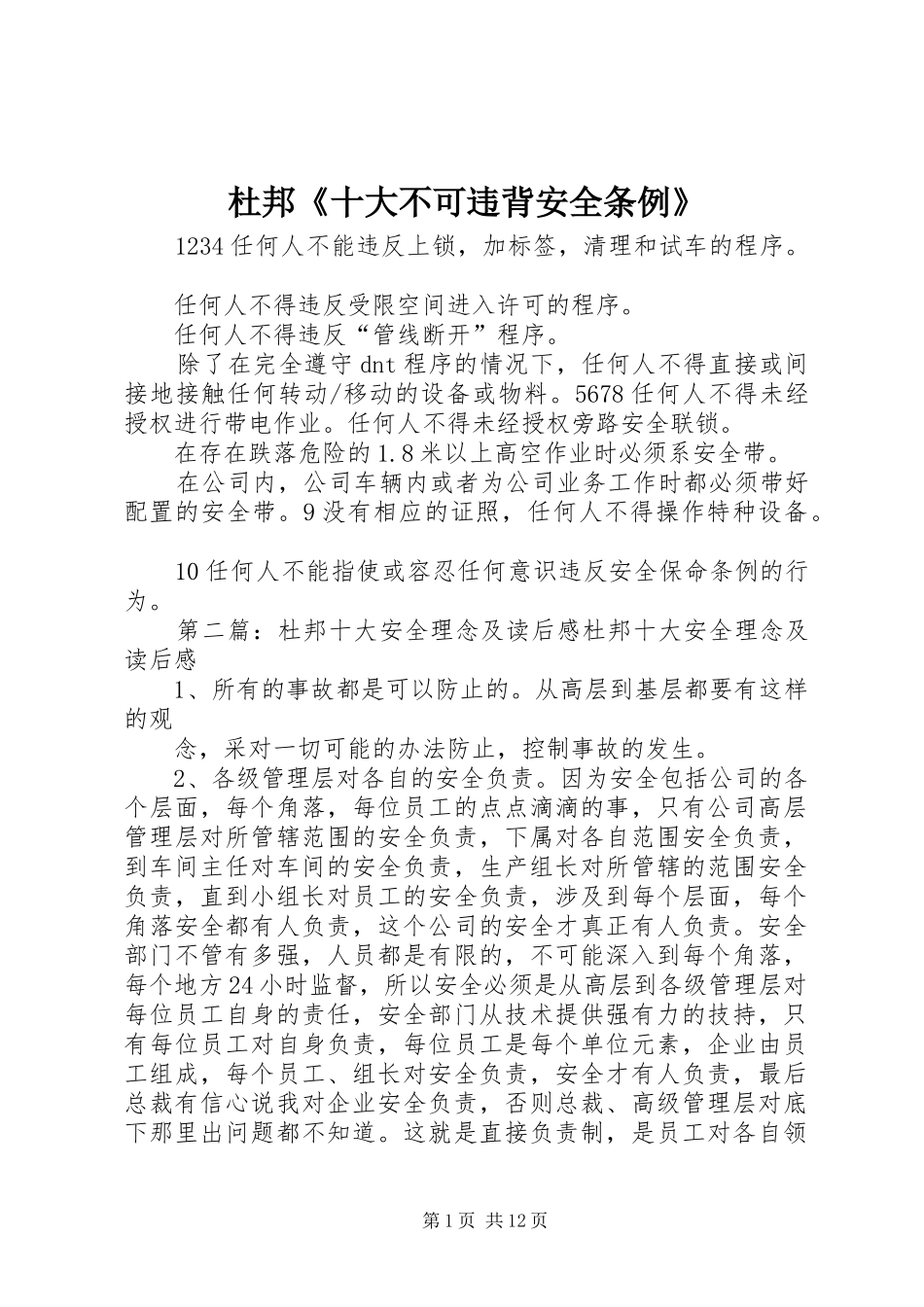 2024年杜邦十大不可违背安全条例_第1页