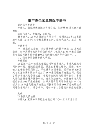 2024年财产保全紧急情况申请书