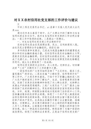2024年对ＸＸ农村信用社党支部的工作评价与建议