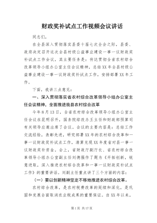 2024年财政奖补试点工作视频会议致辞