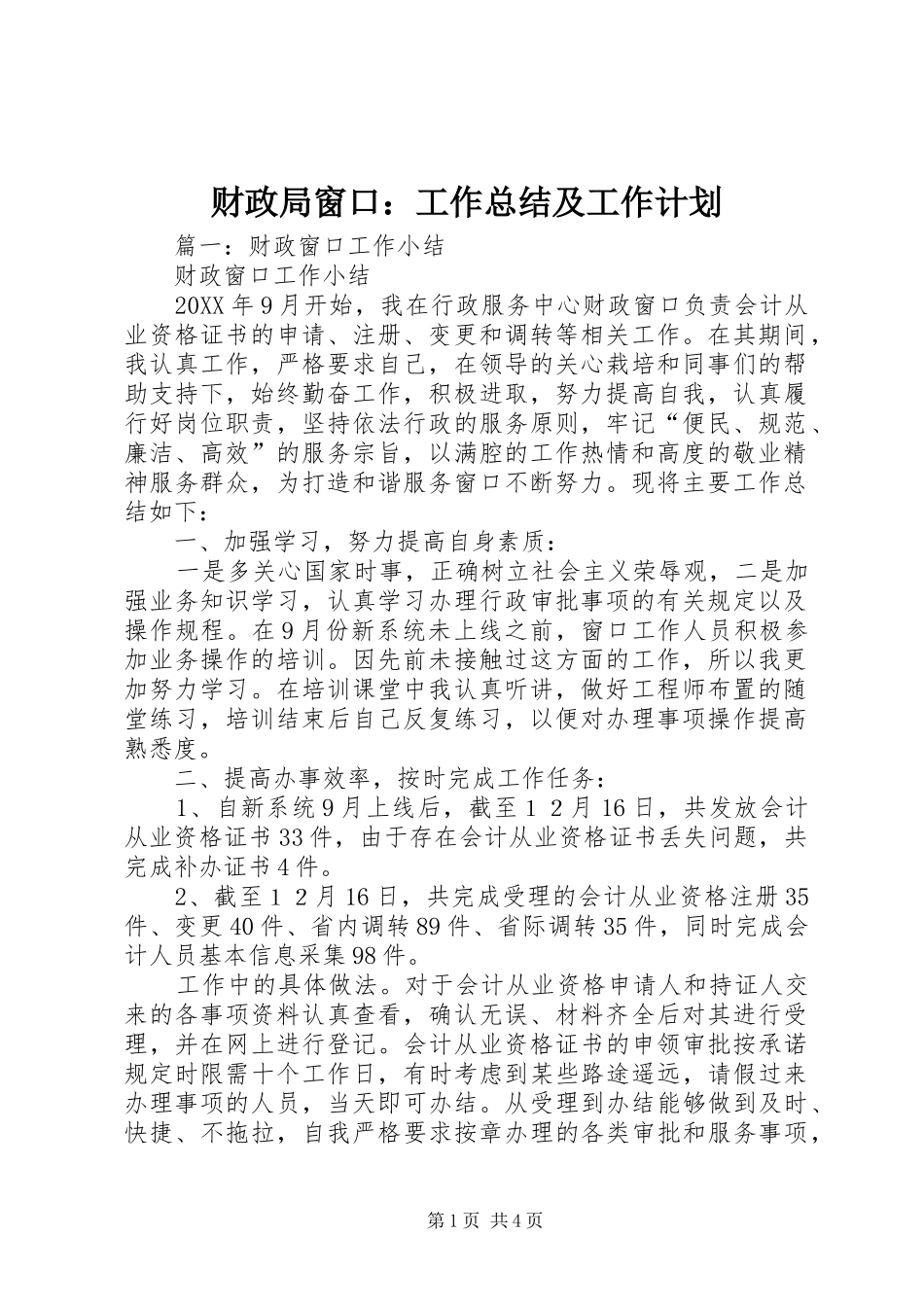 2024年财政局窗口工作总结及工作计划_第1页