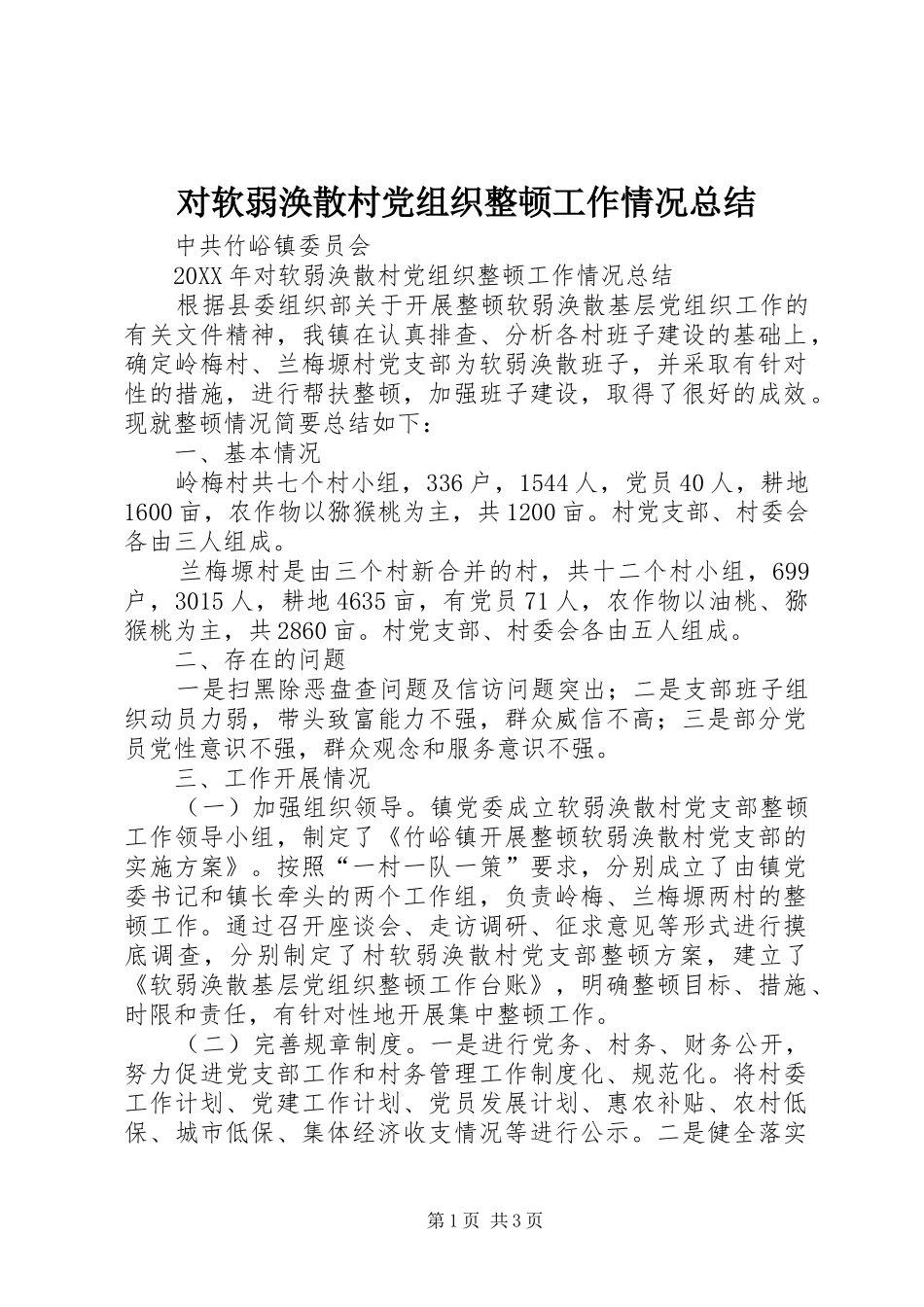 2024年对软弱涣散村党组织整顿工作情况总结_第1页