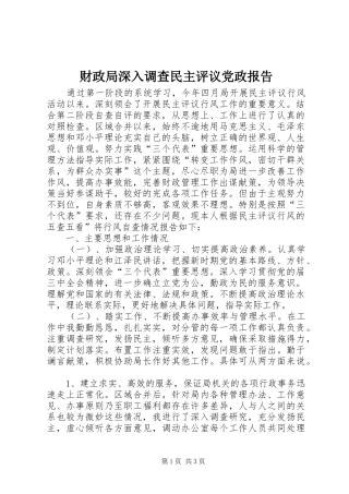 2024年财政局深入调查民主评议党政报告