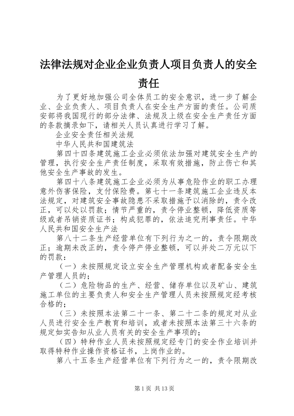 2024年法律法规对企业企业负责人项目负责人的安全责任_第1页