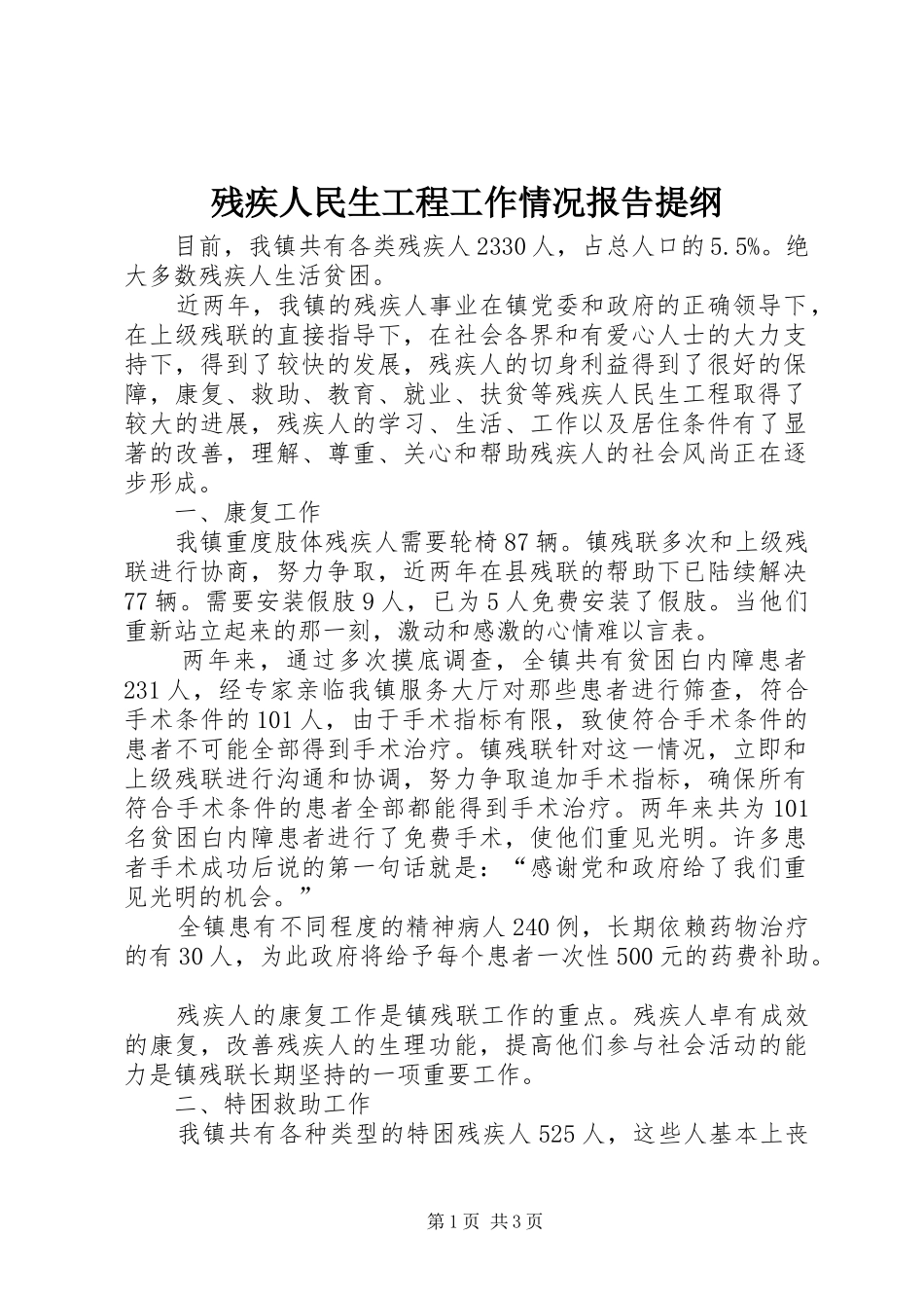 2024年残疾人民生工程工作情况报告提纲_第1页