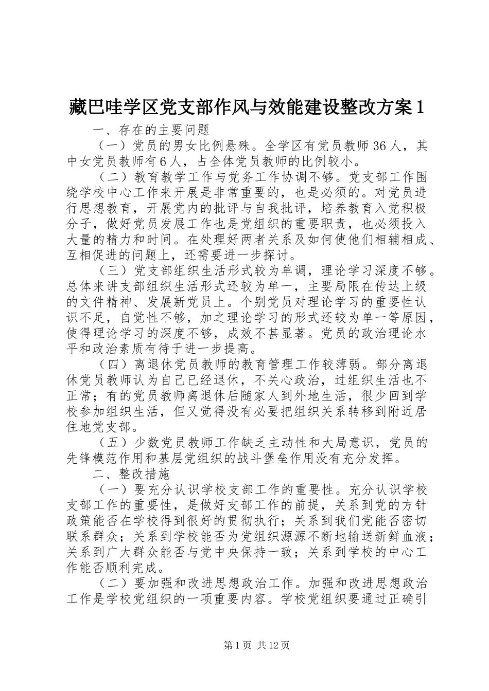 2024年藏巴哇学区党支部作风与效能建设整改方案_第1页