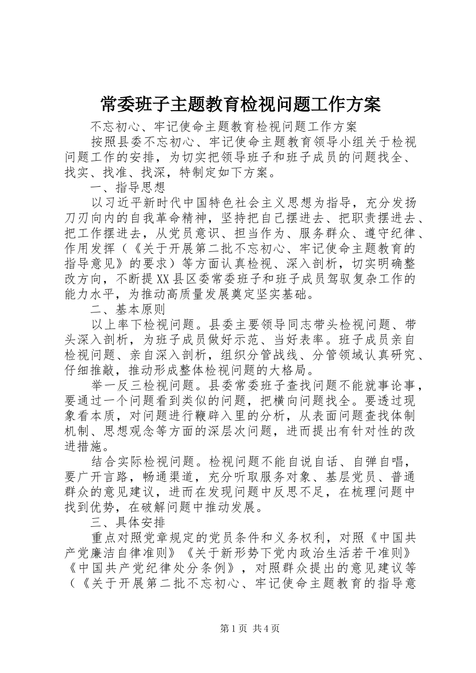 2024年常委班子主题教育检视问题工作方案_第1页