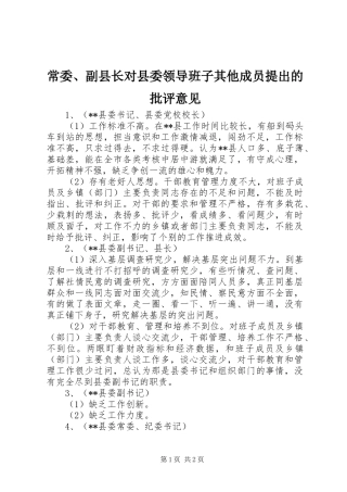 2024年常委副县长对县委领导班子其他成员提出的批评意见
