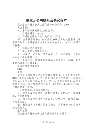 2024年成立分公司股东会决议范本