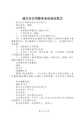 2024年成立分公司股东会议决议范文
