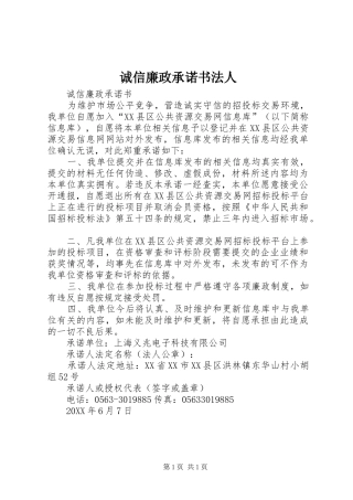 2024年诚信廉政承诺书法人