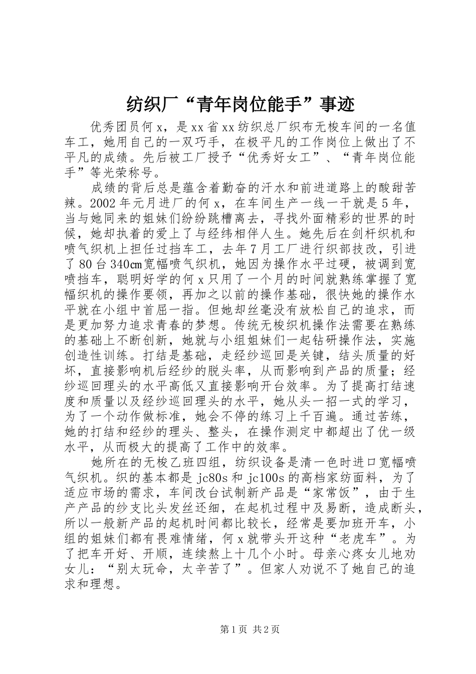 2024年纺织厂青年岗位能手事迹_第1页