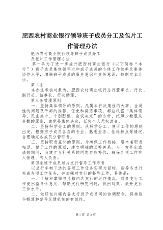 2024年肥西农村商业银行领导班子成员分工及包片工作管理办法