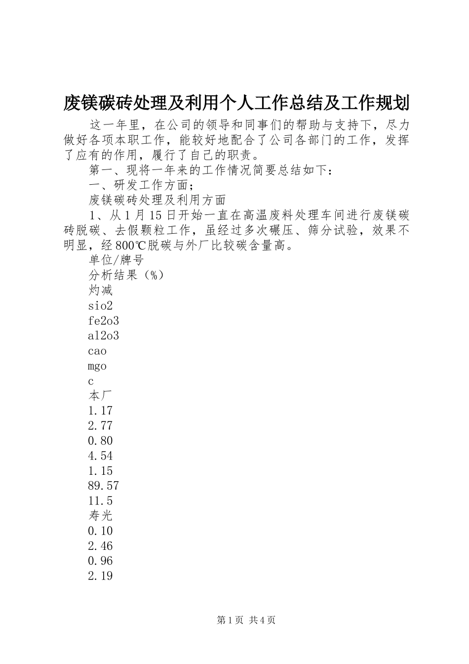 2024年废镁碳砖处理及利用个人工作总结及工作规划_第1页