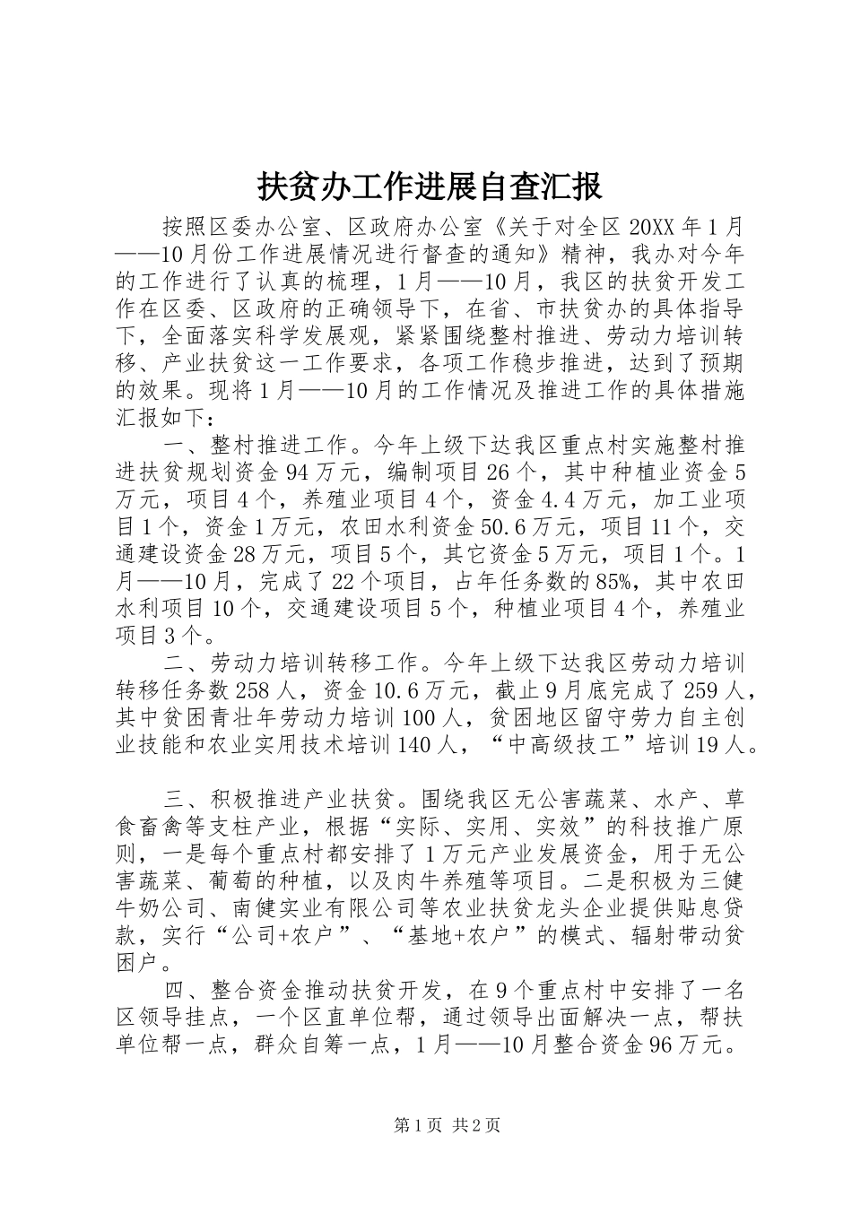 2024年扶贫办工作进展自查汇报_第1页