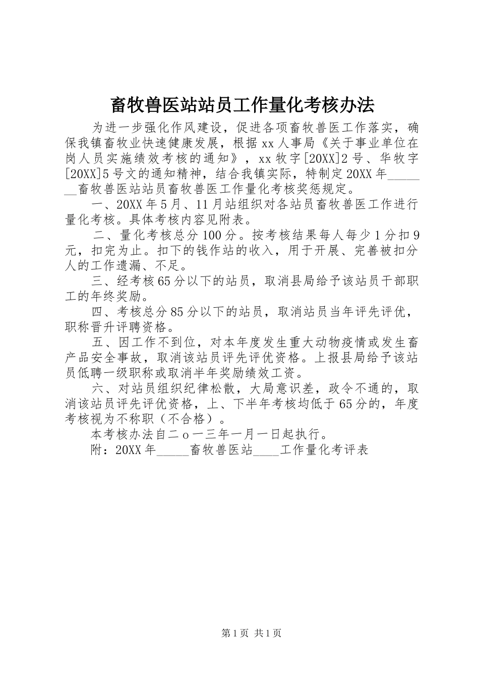 2024年畜牧兽医站站员工作量化考核办法_第1页