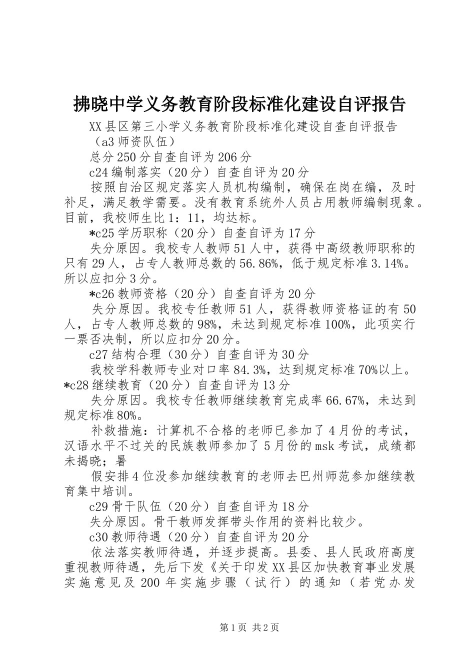 2024年拂晓中学义务教育阶段标准化建设自评报告_第1页