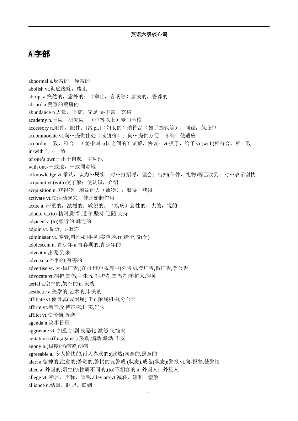 大学英语六级CET6-核心词汇完美打印版_第1页