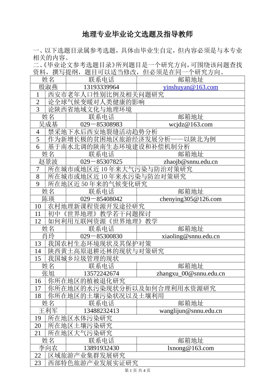 地理专业毕业论文选题及指导教师_第1页