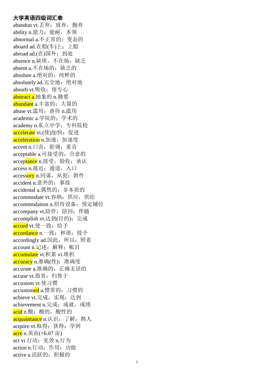 大学英语四级词汇表[1](同名1170)_第1页
