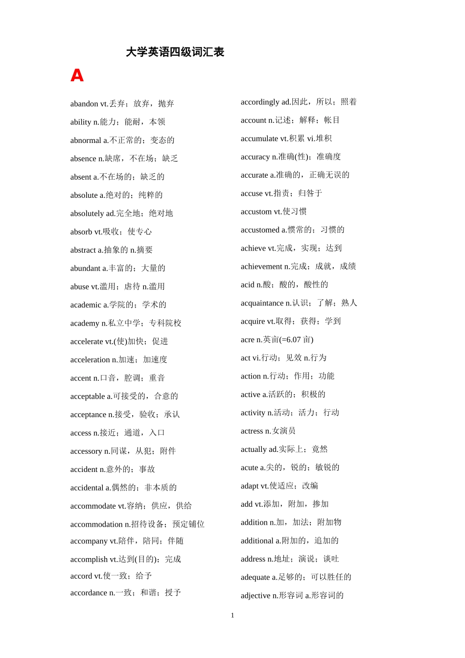 大学英语四级词汇分类汇总_第1页