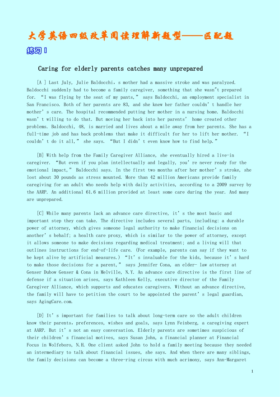 大学英语四级改革阅读理解新题型—匹配题练习(最新)_第1页