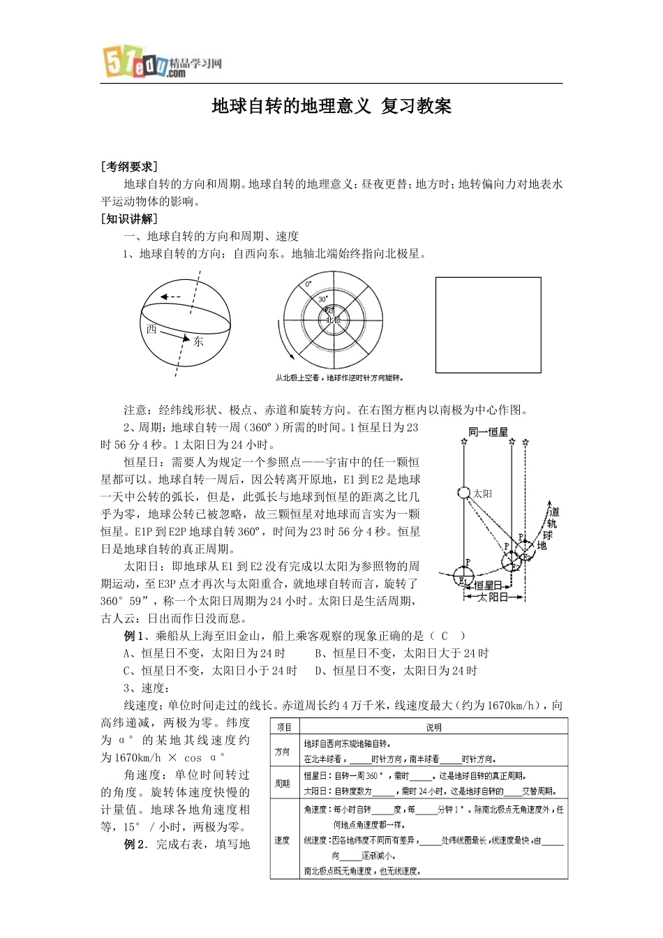 地球自转的地理意义复习-教案-全国通用_第1页