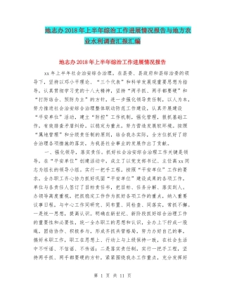 地志办2018年上半年综治工作进展情况报告与地方农业水利调查汇报汇编