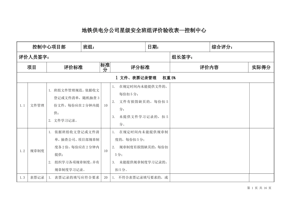 地铁供电分公司星级安全班组评价验收表_第1页