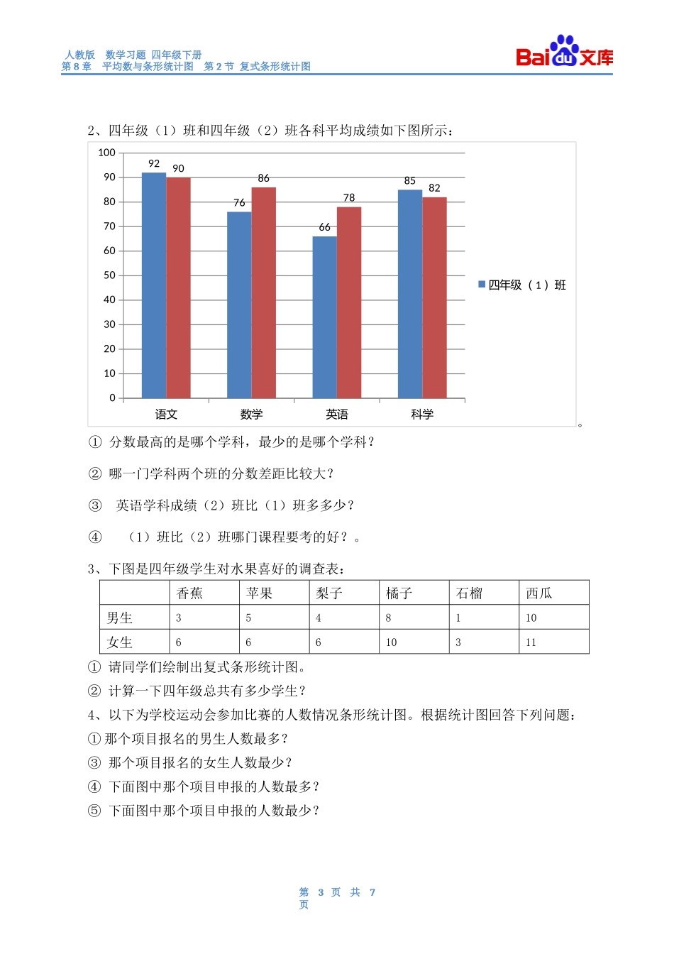 复式条形统计图习题(有答案)-数学四年级下第八章平均数与条形统计图人教版_第3页