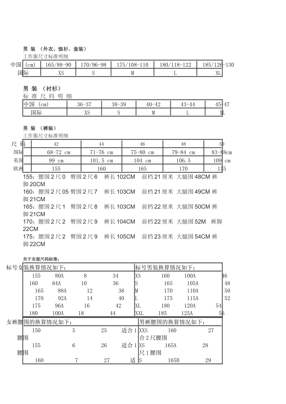 国际标准工作服尺码对照表大全_第2页