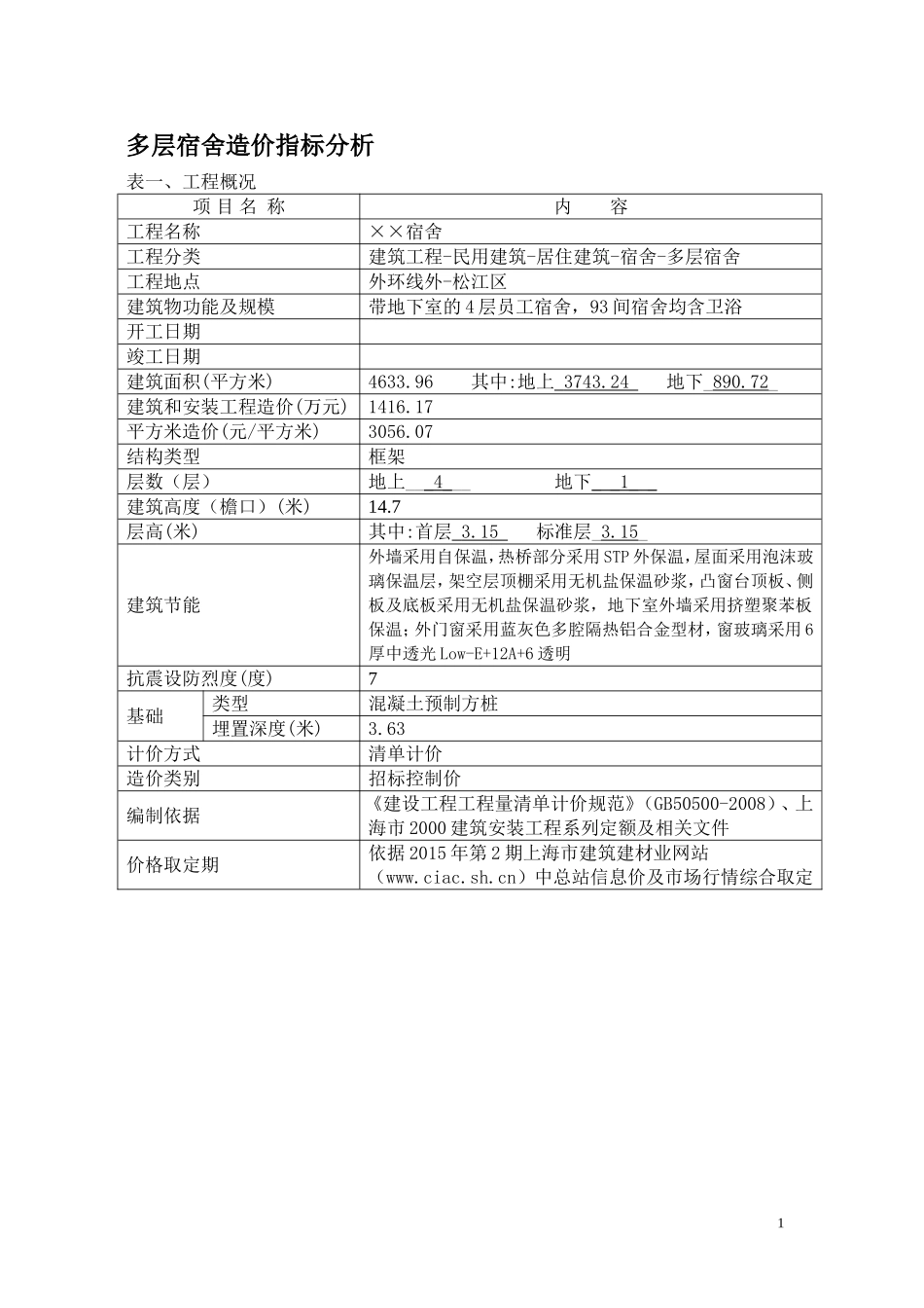 多层宿舍造价指标分析_第1页