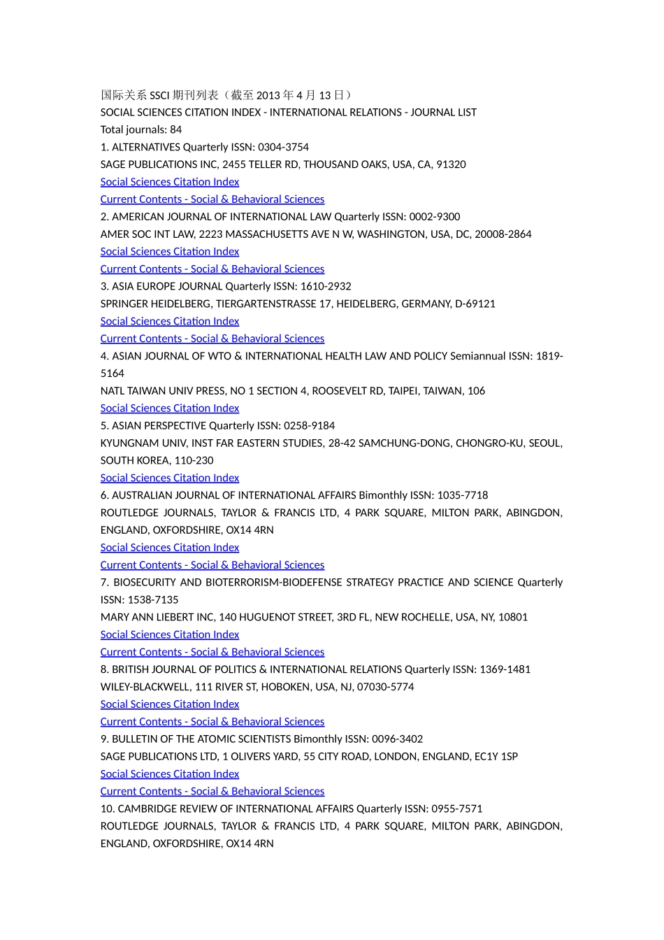国际关系类SSCI期刊列表_第1页