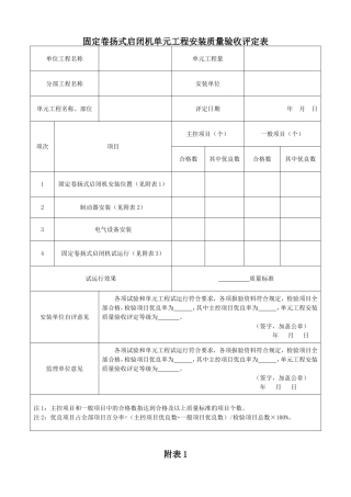 固定卷扬式启闭机单元工程安装质量验收评定表