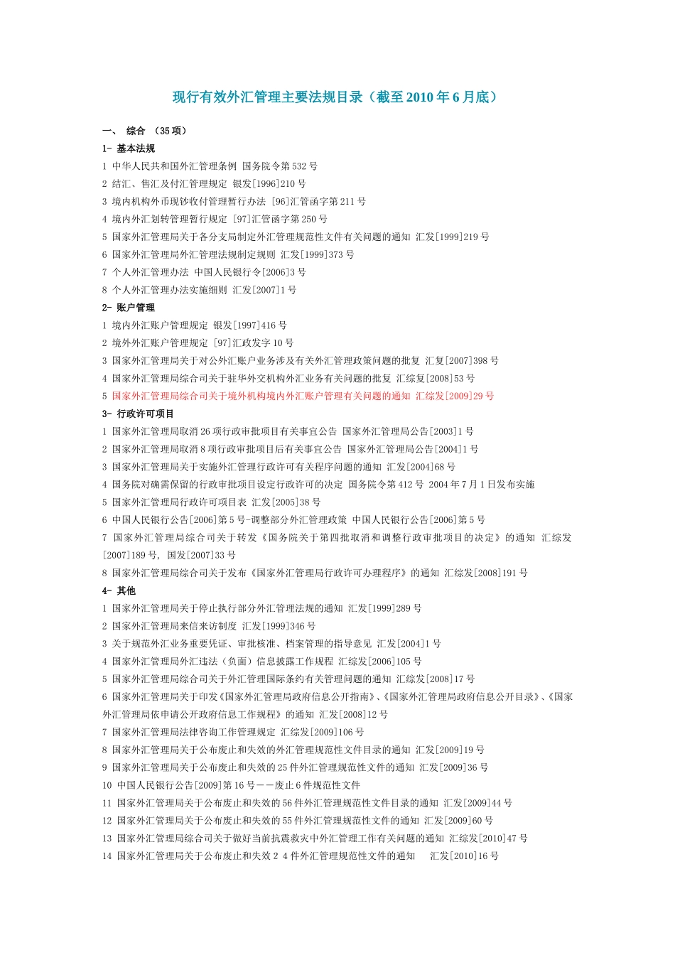 国家外汇管理局现行有效外汇管理主要法规目录-2010-08-03_第1页