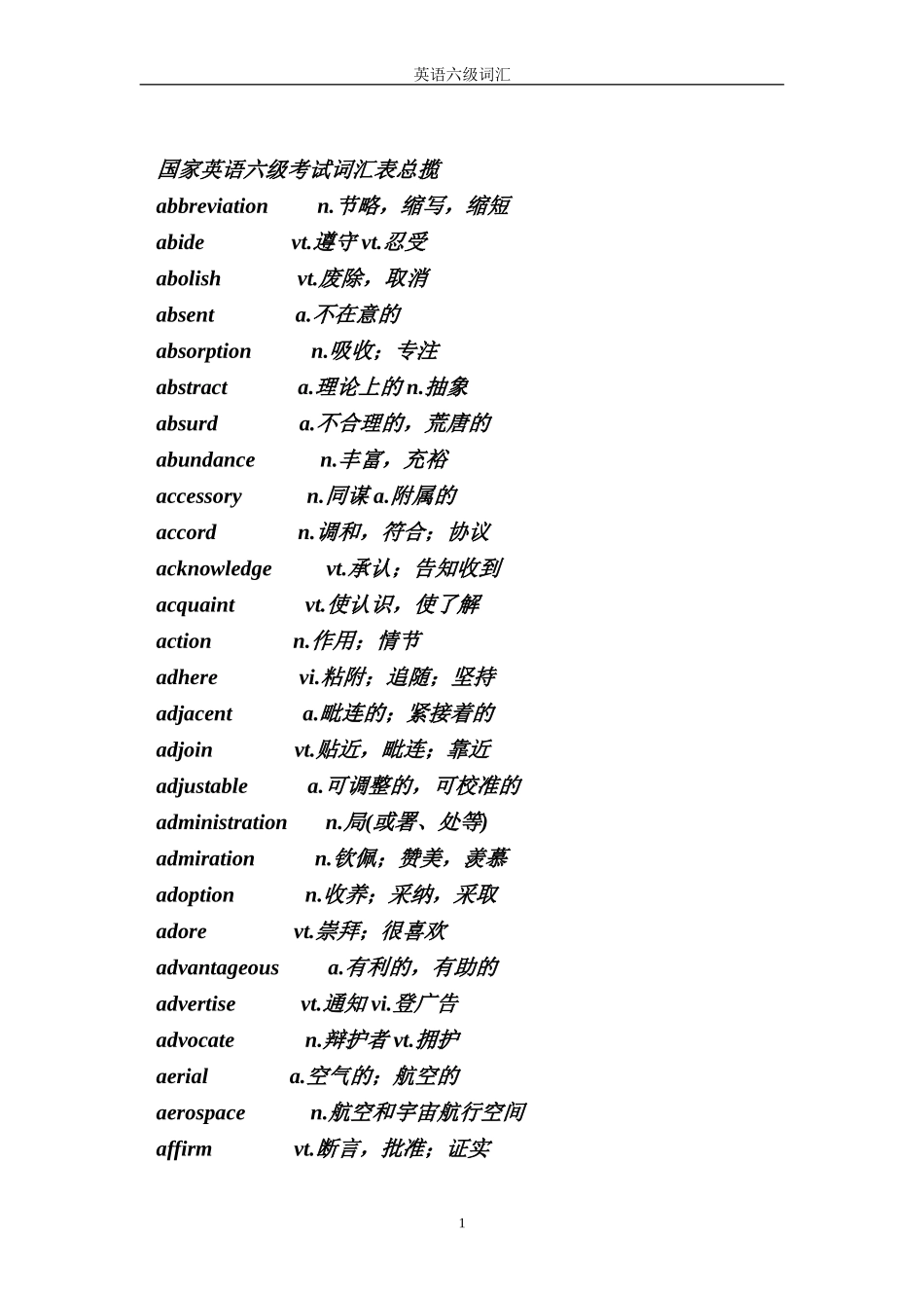 国家英语六级考试词汇表总揽_第1页