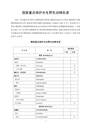 国家重点保护水生野生动物名录