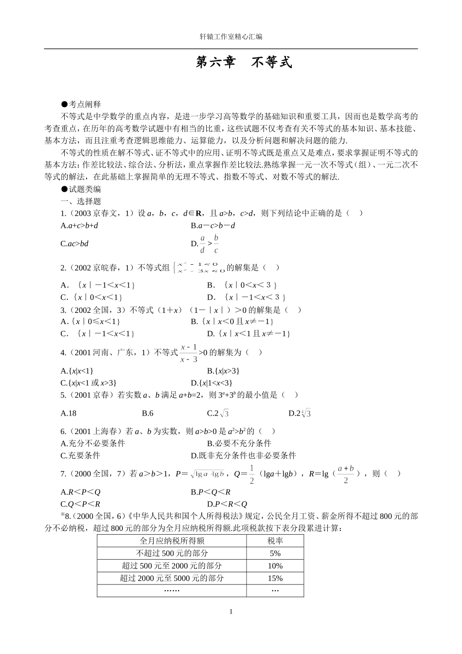 多年高考试题分类汇总06第六章-不等式_第1页