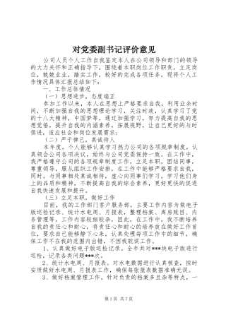 2024年对党委副书记评价意见