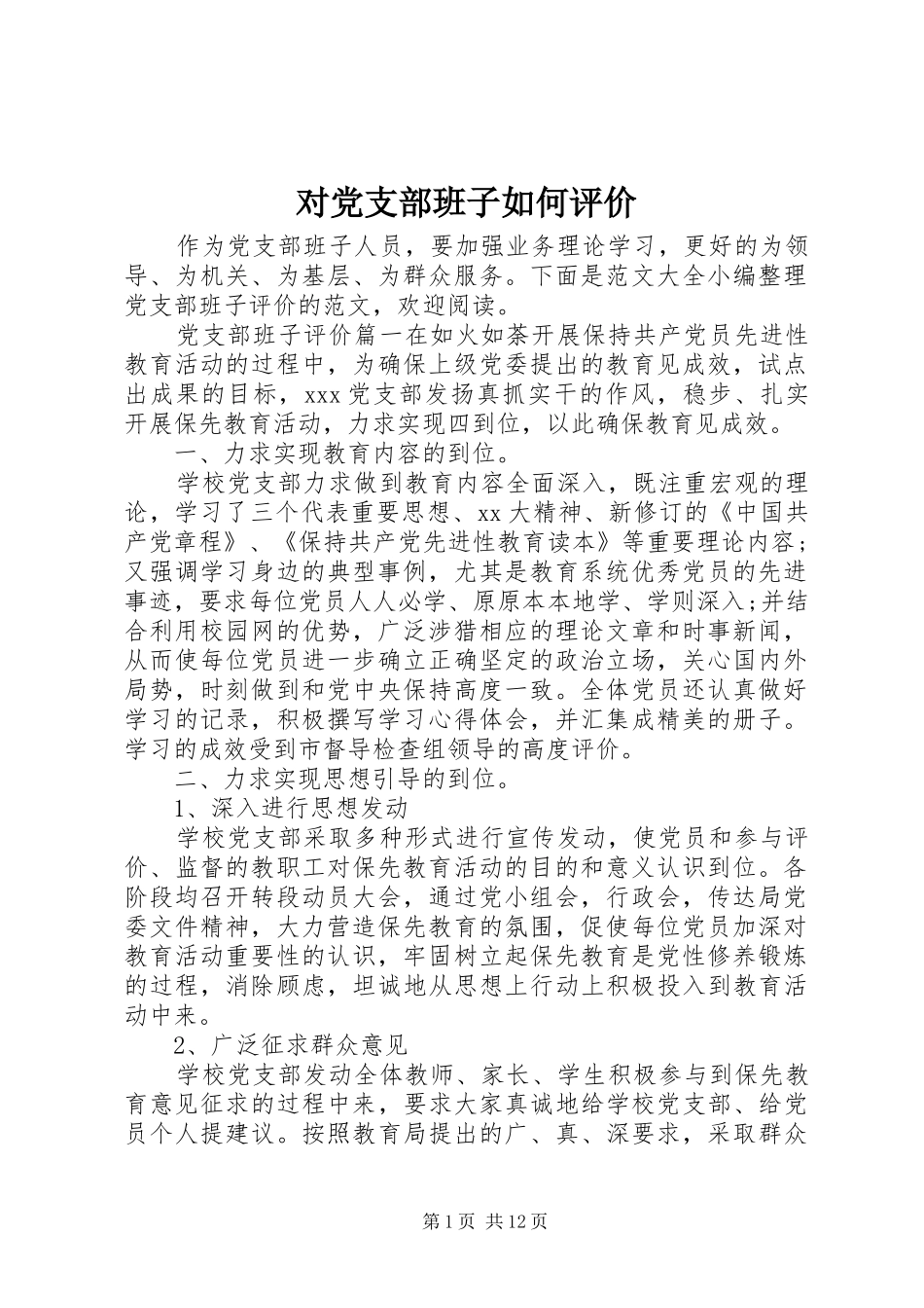 2024年对党支部班子如何评价_第1页