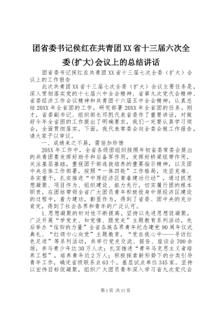 2024年团省委书记侯红在共青团省十三届六次全委扩大会议上的总结致辞