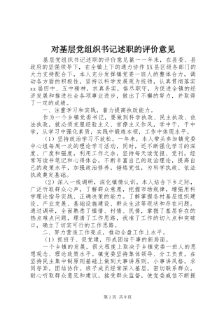 2024年对基层党组织书记述职的评价意见