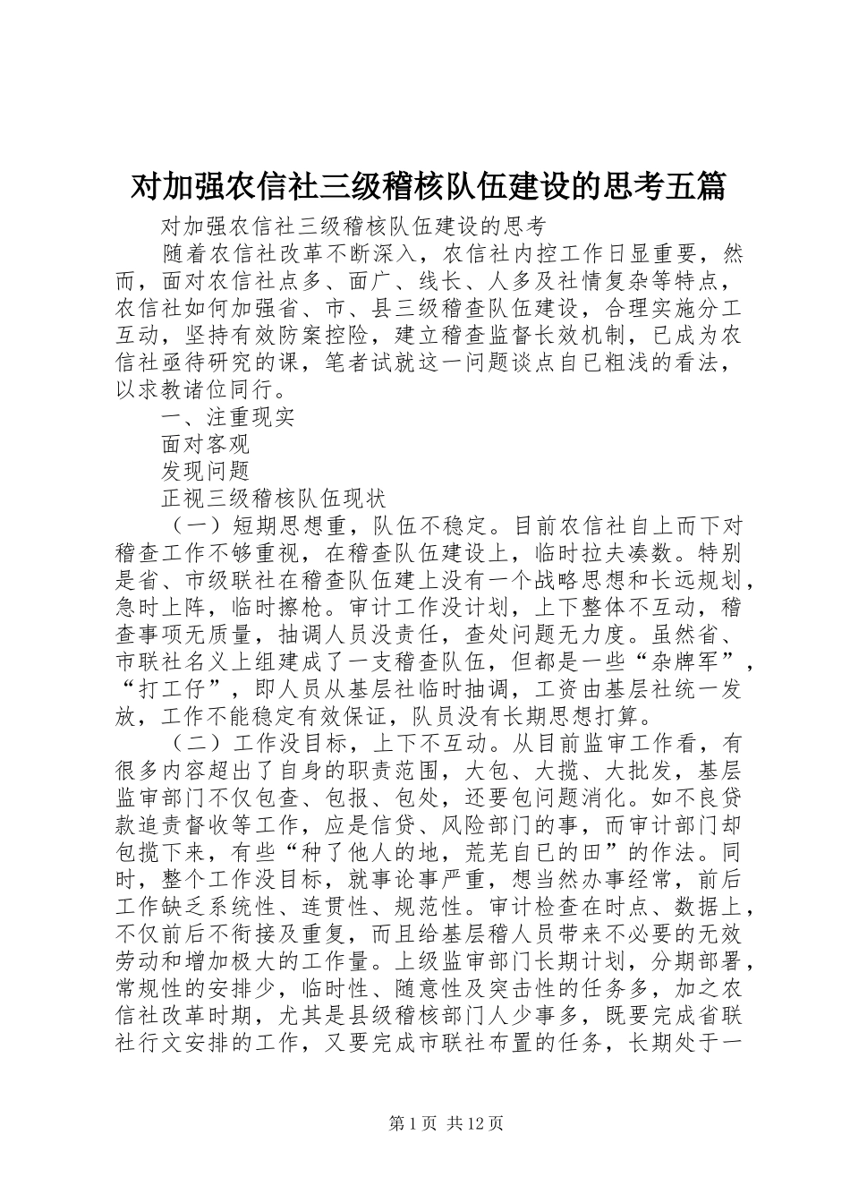 2024年对加强农信社三级稽核队伍建设的思考五篇_第1页